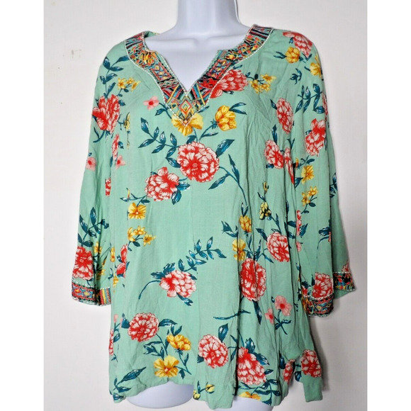 Belle Kim Gravel Tops - Belle Kim Gravel Tunic Top Shirt Small Floral Boho Embroidered Rayon Peasant